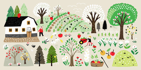 Farm Scene With House Trees And People Vector Illustration © Ruhidas