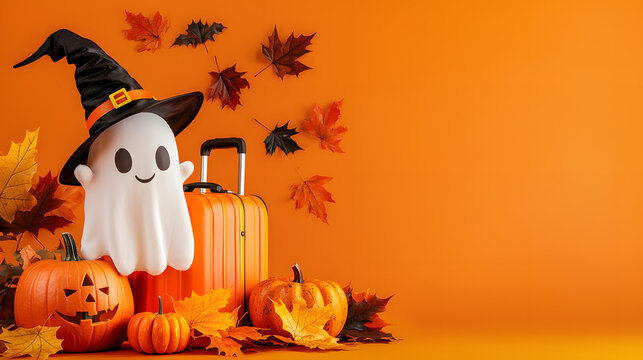 Adorable ghost standing beside a travel suitcase, pumpkins and colorful autumn leaves on an orange studio backdrop with copy space, Halloween travel and seasonal greeting concept