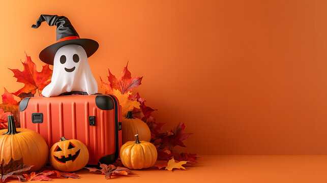 A cute ghost next to a travel suitcase, pumpkins, and autumn leaves against an orange studio background with copyspace