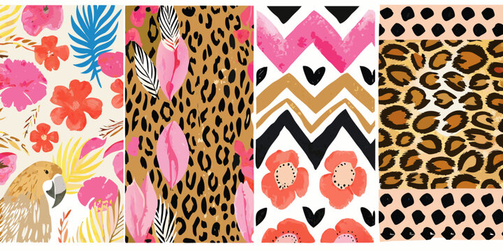 Leopard Print And Floral Pattern Collection Watercolor Style