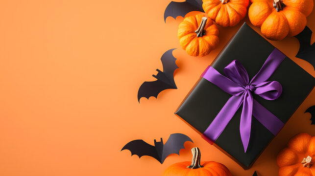 A gift box near pumpkins and paper bats on an orange floor
