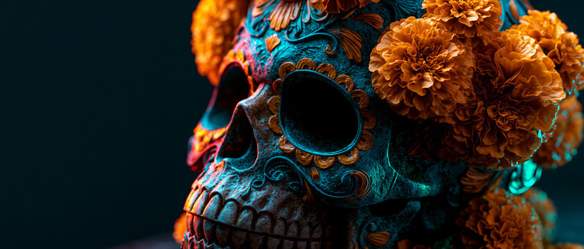 Calavera ornamentada del D&iacute;a de Muertos adornada con flores de cempas&uacute;chil, iluminaci&oacute;n cinem&aacute;tica turquesa y espacio para texto