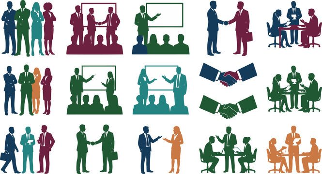 Diverse business professionals in colorful silhouettes confidently poses and networking vector illustration