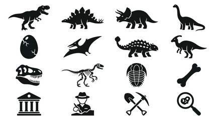 Prehistoric Era Elements Vector Icons Depicting Dinosaurs, Fossils, and Archaeological Tools © matahari