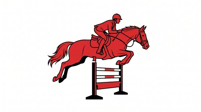 Equestrian show jumping competition in progress. Stylized red horse and rider leaping over obstacle with precision.