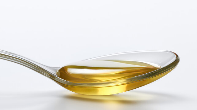 Sore throat syrup in glass spoon, golden liquid on white background, minimal medical concept, clean macro still life, soothing remedy, empty space
