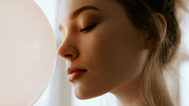 Side view face woman near lamp soft light calm serene skin close up portrait