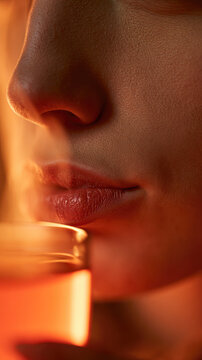 Close up of lower face lips nose warm tea steam glass cup therapy lamp calming light soft skin