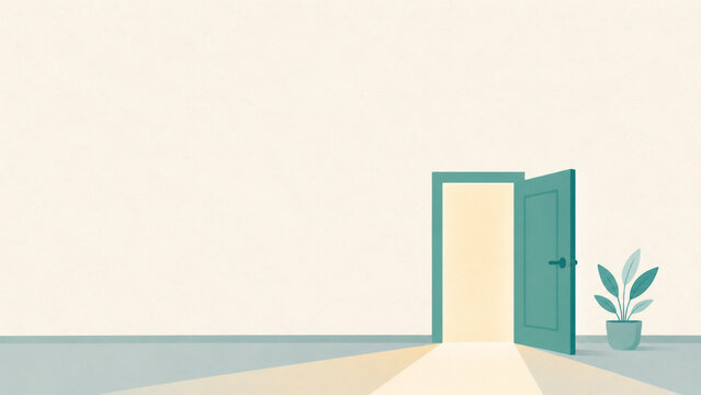 An open door with warm light shining through into a simple room - new opportunity and welcoming new talent concept flat design illustration banner with copy space