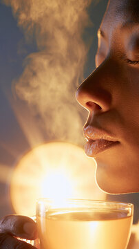 Close up face with warm tea and soft steam from therapy lamp, serene wellness portrait in golden light