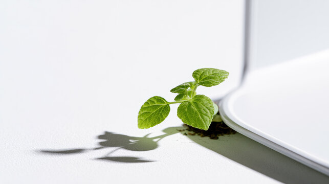 Minimalist plant under lamp with soft shadow, bright white surface and gentle growth concept