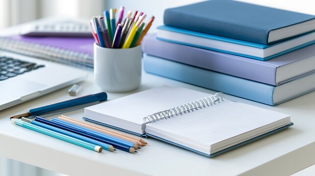 study desk with books and colorful pencils