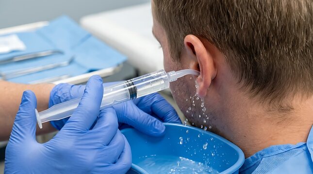 A medical professional irrigating a man's ear with a large syringe to remove earwax, with water flowing into a blue basin.