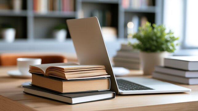 Laptop on a desk with stack of books in a home office