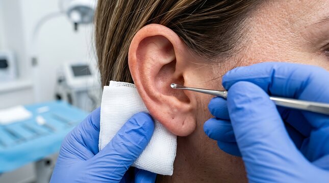 A medical professional in blue gloves performing an ear examination or cleaning on a patient.