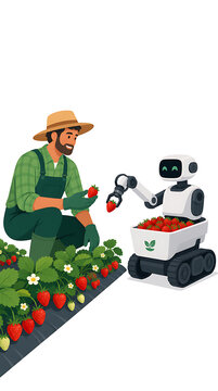 Farmer and robot efficiently harvest strawberries, showcasing modern agriculture where human skill and automation combine for sustainable crop yield and future food security