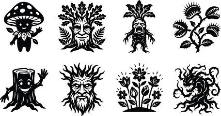 Fantasy nature monsters black icon set featuring cute mushroom creature tree ent mandrake venus flytrap and vine monster © Robiul