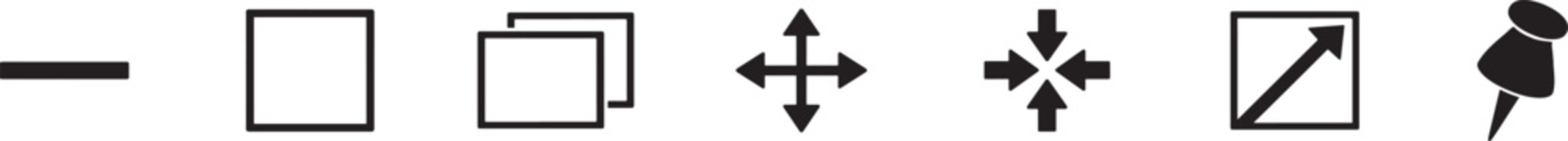  Window control icon set with UI actions for minimize, maximize, resize, pin and fullscreen controls.