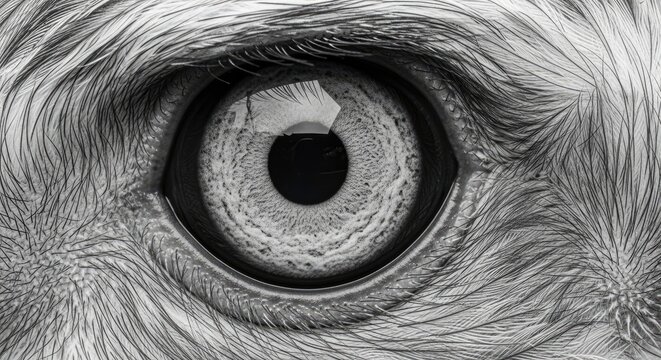 Extreme macro close-up of animal eye with detailed fur.