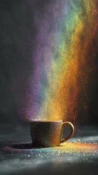 Mystical Mug with Vibrant Rainbow Powder Stream and Sparkling Light.