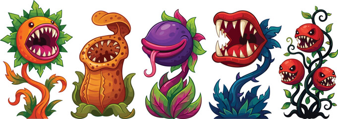 Spooky Carnivorous Monster Plant Vector Set Featuring Predator Flytraps and Sharp Teeth Creepy Flowers, © Shukimon