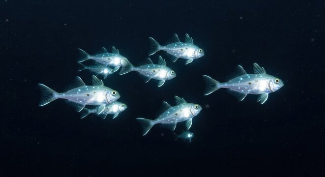 School of Glowing Lanternfish Swimming in the Deep Ocean