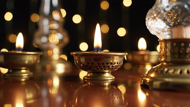 Close up of brass oil lamps and glass lantern.