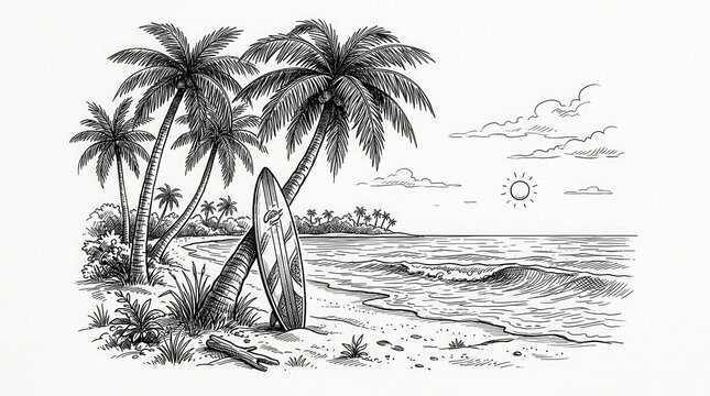 Black and white ink sketch of a tropical beach scene with tall palm trees and a surfboard leaning against a tree trunk