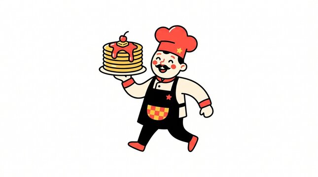 Cartoon chef holding pancakes. Cute baker character serving breakfast illustration.