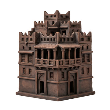 Traditional clay model of a Yemeni tower house isolated on transparent background