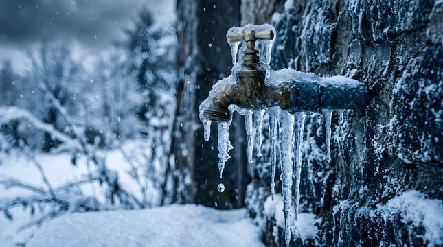 Frozen water tap with icicles dripping water against snowy background, winter season, and cold weather concept.