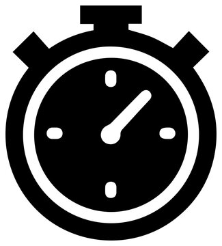 Solid black filled icon of a timeout clock deadline with depicts solid notification expiration stopwatch indicator reminder warning graphic with urgency