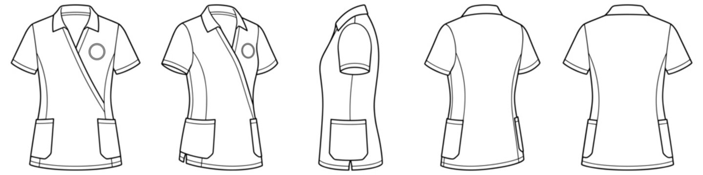 Women's short sleeve wrap uniform scrub flat sketch fashion illustration drawing template mock up with pockets transparent background