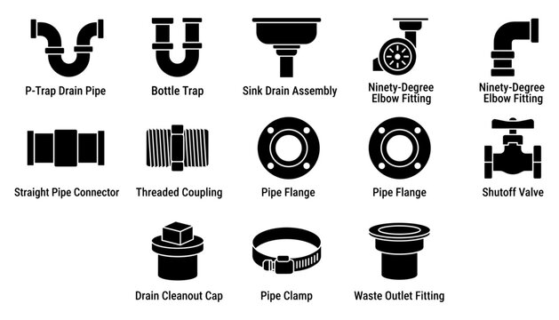 Pipe Fitting Icons Set for Plumbing Systems, Vector Style with Drain, Elbow, Flange, Coupling Details