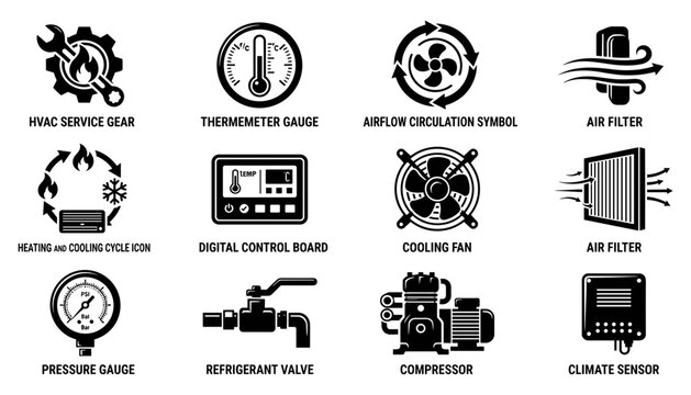 Thermometer Gauge Icon Set with Hvac Service Symbols, Air Filtration, Cooling Fan and Control Board for Tech C