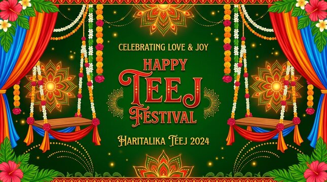 Happy Haritalika Teej Festival Vector Greeting with Traditional Jhula Swing, Marigold Flower Garland, and Decorative Indian Banner Background