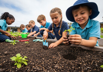 Fototapeta premium Diverse children planting vegetables in garden soil. Group of happy kids learning sustainable farming and eco-friendly gardening outdoors.