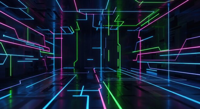 Fluorescent neon circuitry lines illuminate a dark, futuristic architectural space with reflections