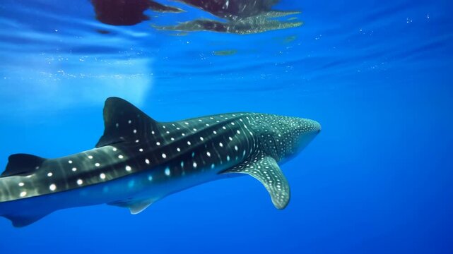whale shark swimming calmly in blue underwater scene with serene side view of marine life photography background copy space for commercial editorial design resource.