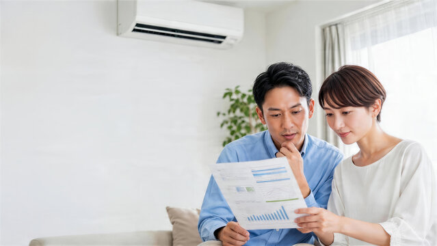 エアコンのある居間で電気代の資料を確認する夫婦