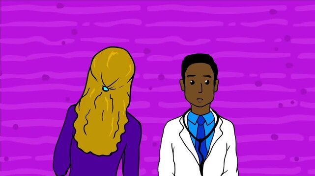 2D animation of a female patient having a consultation discussion with a Black male doctor wearing a stethoscope