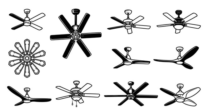 Extensive collection of modern ceiling fan styles for interior decor in black and white line art vector style for home improvement and appliance catalogs
