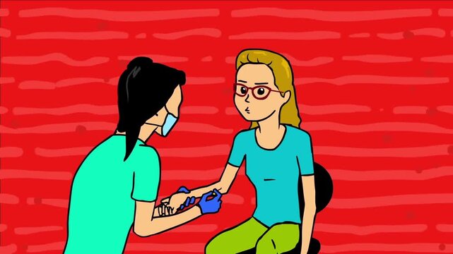 2D animation of a medical nurse taking a blood sample test from a female patient's arm in a clinic red background