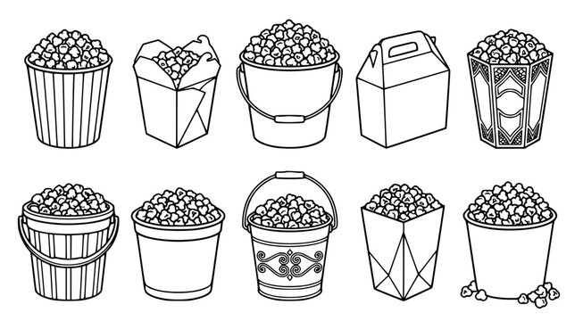 Various popcorn bucket and snack container line art icons for movie theater and cinema food service design elements