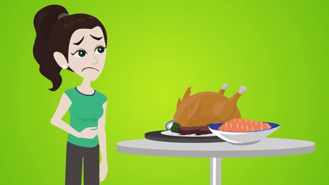 2D animation of a sad woman with an upset stomach refusing to eat a roasted turkey meal eating disorder concept