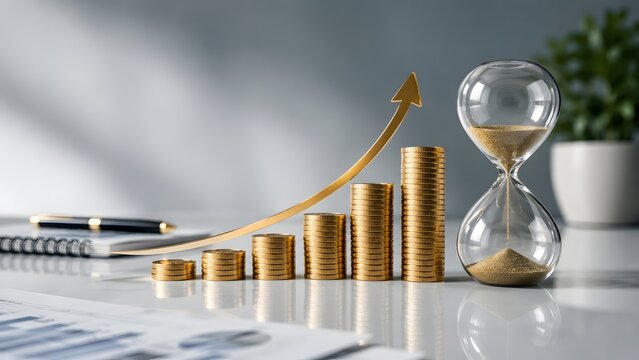 Long term financial growth strategy illustrating rising gold arrow over coin stacks next to hourglass representing compound interest.