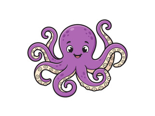 Naklejka premium A cute purple cartoon octopus with a friendly smile on a white background.