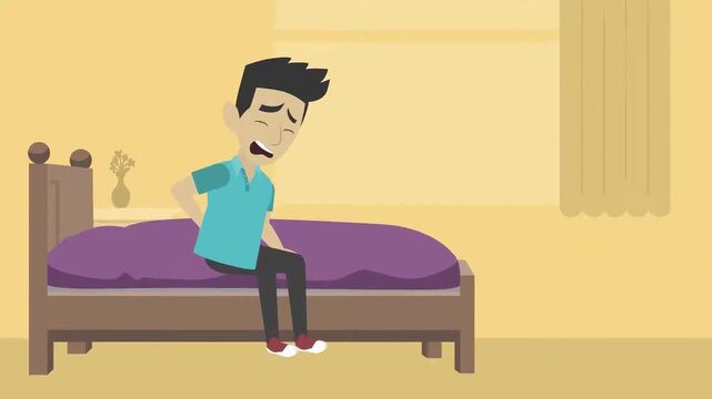 2D animation of a young man sitting on the edge of a bed holding his lower back in pain spinal injury concept