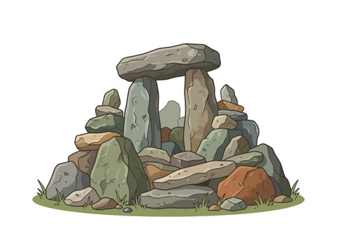 A hand drawn illustration of an ancient stone dolmen monument surrounded by a pile of rocks.