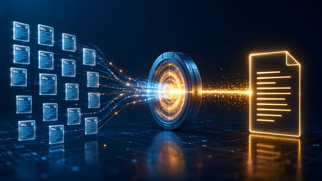 Digital data consolidation process visualizing streaming document files merging into a central target for information management.